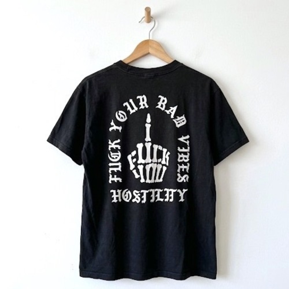 Hostility Mens XL Tall Black F*** Your Bad Vibes Graphic T Shirt Skeleton Hand
